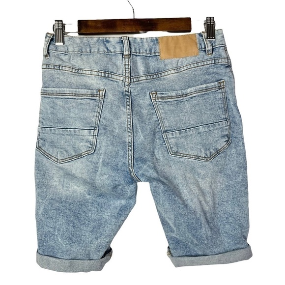 ASOS Denim CO Blue Distressed Knee Length Button Fly Slim Fit Denim Shorts 4 - Picture 2 of 4